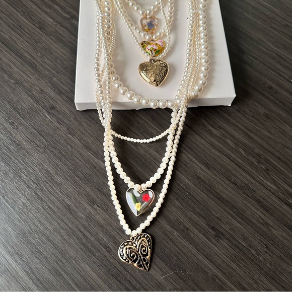 Zara Layered Faux Pearl Necklace with Heart Pendants - Picture 4 of 7